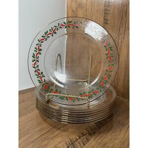 ARC France Arcoroc 8 Holly Berry Glass 8” Plates Transparent Gold Trim